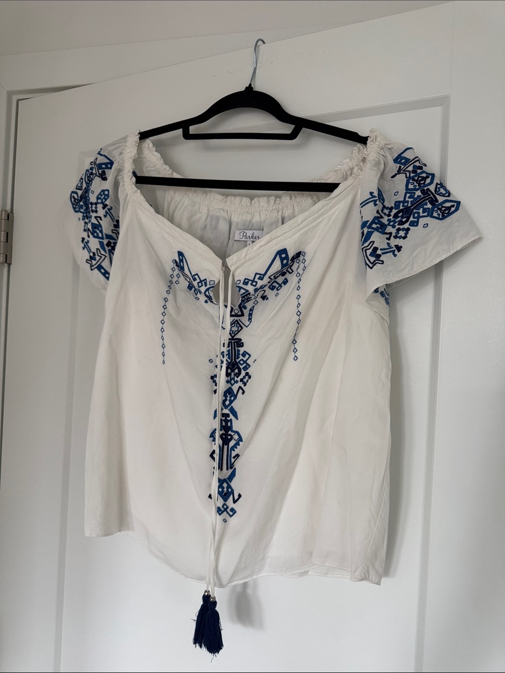 Parker White Off-Shoulder Top with Blue Embroidery